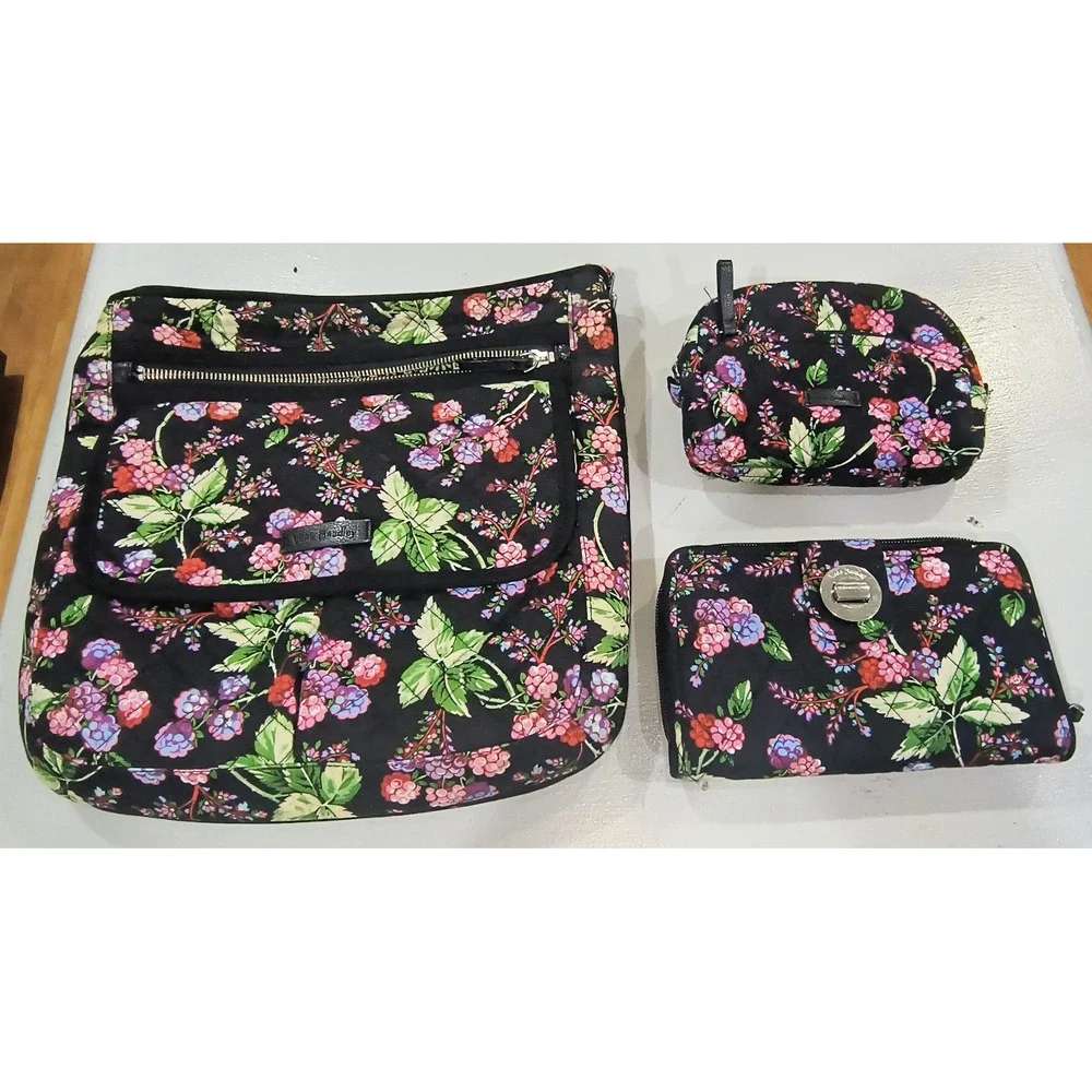 Vera Bradley Winter Berry 3pc Set Crossbody Bag Turnlock Wallet Cosmetic Pouch